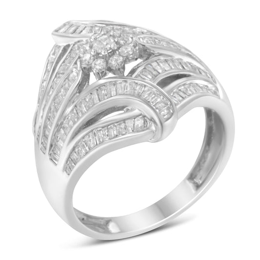 Close-up angled view of a white metal ring featuring a cluster of round white gemstones in prong settings at the center, surrounded by curved bands adorned with channel-set baguette white gemstones.