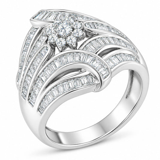 Close-up angled view of a white metal ring featuring a cluster of round white gemstones in a prong setting surrounded by multiple rows of baguette-shaped white gemstones in a channel setting.