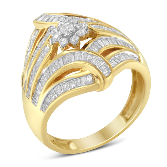 Yellow ring with white round prong-set gemstones arranged in a cluster at the center and white baguette channel-set gemstones in swooping bands, shown at slight angle.