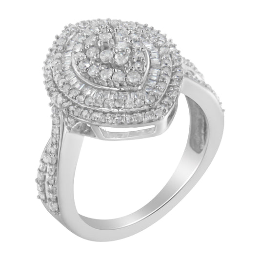 White metal ring with cluster of round prong-set white gemstones at center, surrounded by baguette and round channel-set white gemstones, shown at slight angled top view.