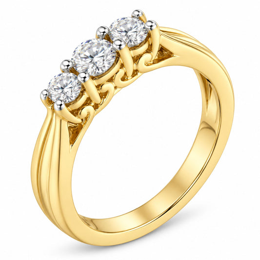 Close-up angled view of a yellow ring featuring three round white gemstones in prong settings.