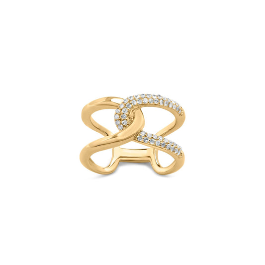 Close-up front angle of a yellow metal ring with intertwined loops, partially adorned with round white gemstones in a pave setting.