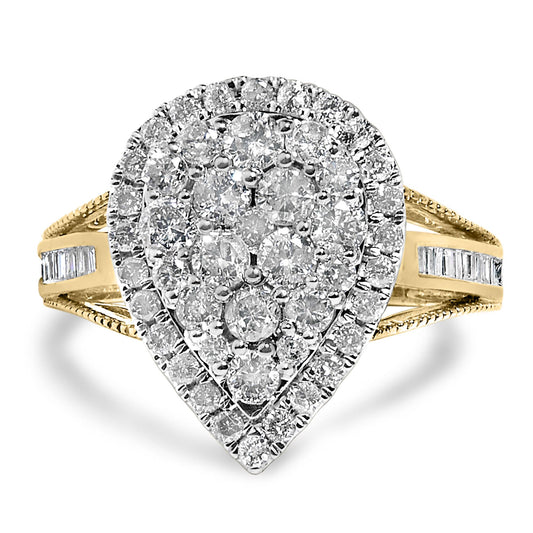 Front-facing view of a yellow metal ring with a pear-shaped cluster of white round gemstones in prong and pave settings, surrounded by additional white round and baguette-shaped gemstones set in channels along the band.