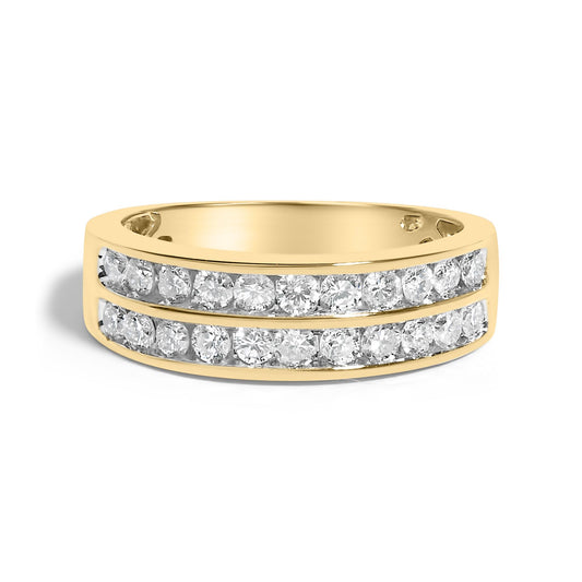 Front view of a yellow ring with two rows of round white gemstones in channel settings.