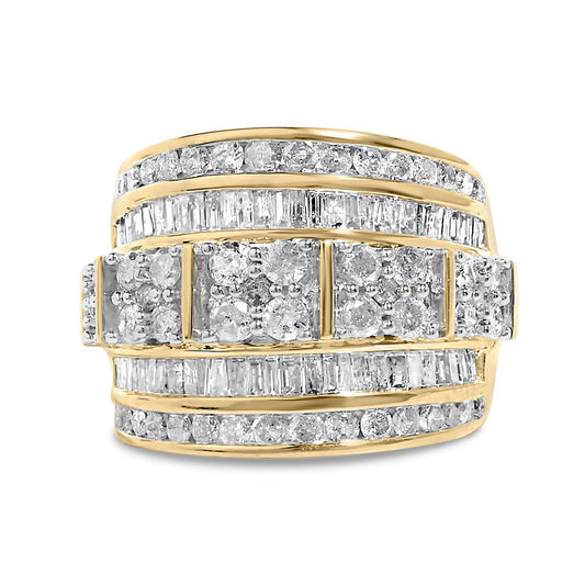 Close-up front view of a yellow ring featuring multiple rows of white round gemstones in prong settings and white baguette gemstones in channel settings.