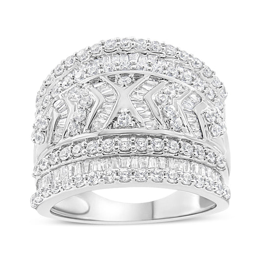 Front-facing wide white metal ring featuring multiple rows of round prong-set white gemstones and baguette channel-set white gemstones in a geometric pattern.