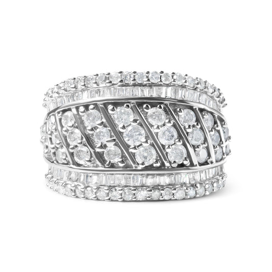 Close-up front view of a wide white metal ring featuring multiple rows of round and baguette-shaped white gemstones in prong and channel settings.