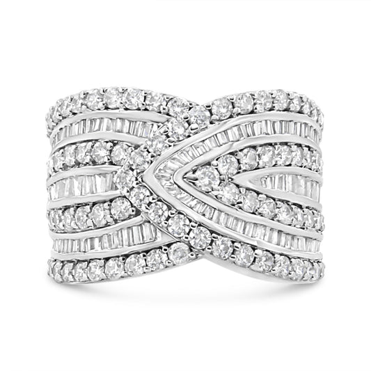 Front view of a white metal ring featuring an intricate design of round prong-set white gemstones paired with channel-set baguette white gemstones.