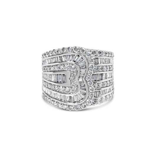 White metal ring with multiple rows of round and baguette white gemstones in prong and channel settings, shown from a front angle.