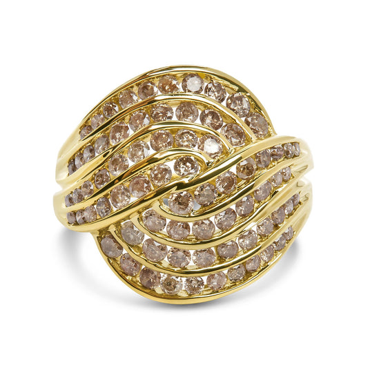 Close-up front angle of a yellow ring with multiple curved bands set with numerous round brownish gemstones in channel settings.