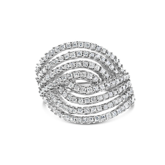 Close-up front angle of a white-colored ring featuring multiple curved rows of princess-shaped white gemstones set in shared prong settings.