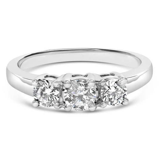 Close-up front angle of a white metal ring with three round white gemstones in 4-prong settings.