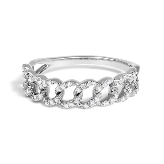Close-up front angled view of a white metal ring featuring interlocking loops adorned with round white gemstones in prong settings.