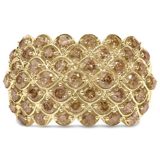 Close-up front angle of a yellow metal ring featuring multiple round white gemstones in prong settings arranged in a scalloped pattern.