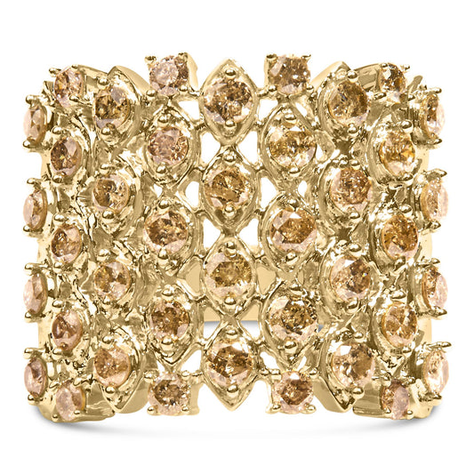 Close-up front view of a yellow ring covered with multiple round-shaped prong-set white gemstones.