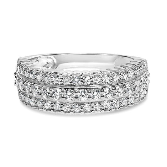 Front angle close-up of a white metal ring featuring two rows of round white gemstones in prong settings.