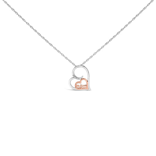 Close-up front view of a white and rose colored heart-shaped necklace pendant with an inner rose heart and small white gemstones on the upper left side, shown on a chain against a white background.