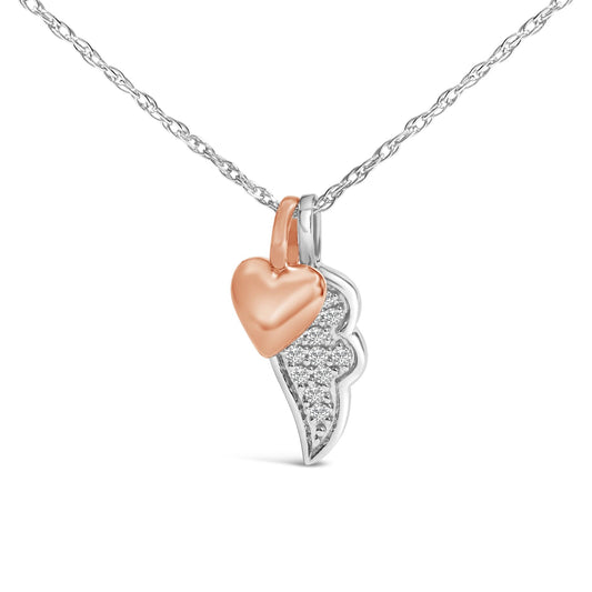 Close-up front view of a necklace with a white and rose metal heart-shaped pendant; the white metal side features pave-set round white gemstones, while the rose metal side is smooth.