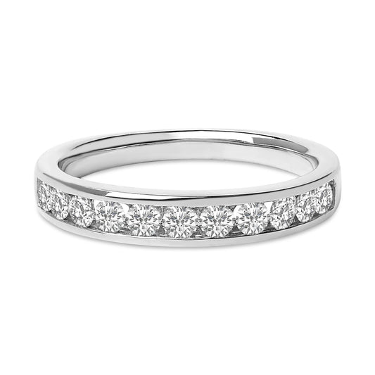 White metal ring with round white gemstones in channel setting, shown in a front angle close-up.