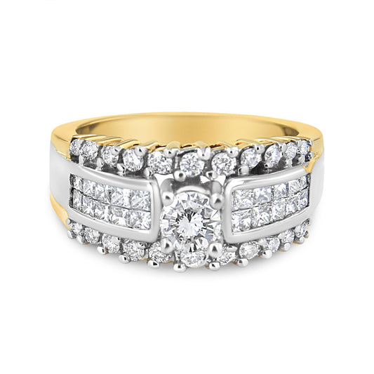 Close-up front angle of a two-toned ring featuring a center round gemstone in a prong setting, surrounded by smaller round prong-set gemstones, and princess-shaped gemstones in a channel setting along the sides.