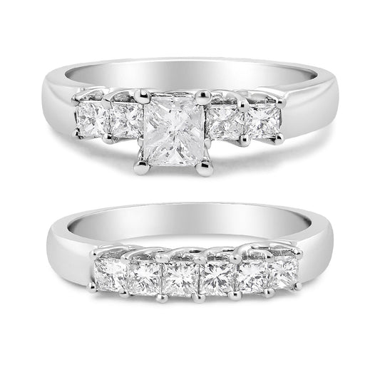 Two white metal rings shown from a front angle, one featuring a central larger princess-shaped white gemstone flanked by smaller princess-shaped white gemstones, and the other featuring a row of princess-shaped white gemstones.