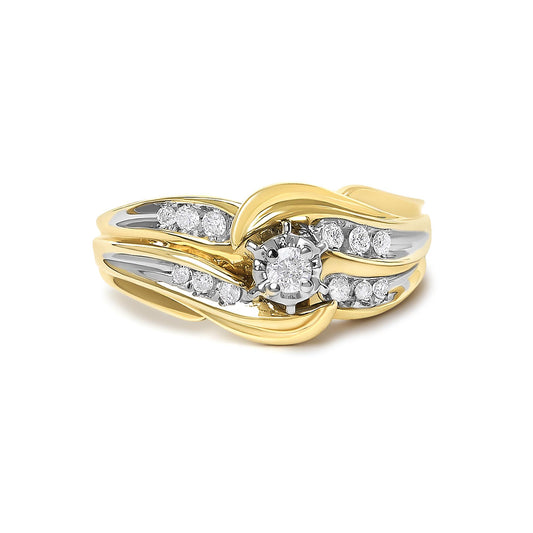 Yellow ring with white round gemstones in a channel setting, shown from a front angle.