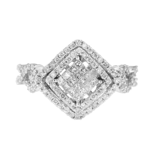 Front angle close-up of a white ring featuring a central cluster of princess-shaped white gemstones in invisible settings, surrounded by two rows of round white gemstones in prong settings.
