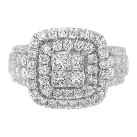 Close-up front view of a white metal ring featuring a cluster of princess-shaped gemstones in an invisible setting at the center, surrounded by multiple rows of round gemstones in prong settings around the center and along the band.
