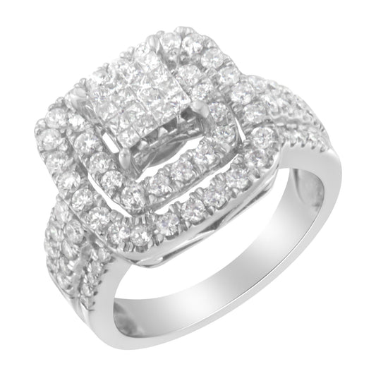 White metal ring with multiple rows of prong-set white round and princess shape gemstones, shown at an angled top-down view.
