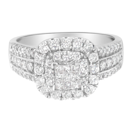 Front angle close-up of a white metal ring featuring a square cluster of channel-set princess shape white gemstones surrounded by two rows of round shape prong-set white gemstones, and additional round prong-set white gemstones along the band.