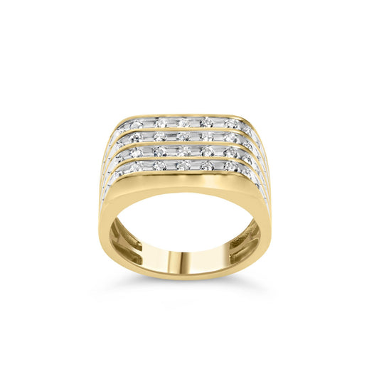 Front view of a yellow ring with a wide band, featuring four rows of prong-set round white gemstones across the top in a tiered design.