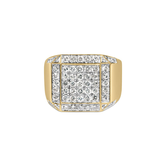 Front view of a yellow metal ring with a square top decorated with clusters of round white gemstones in prong settings.