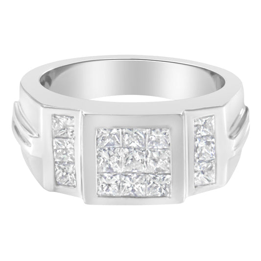 White metal ring with multiple princess-shaped white gemstones in an invisible setting, shown from the front angle.