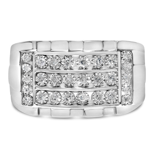 Top-down close-up of a white metal ring featuring rows of round white gemstones in miracle and channel settings.