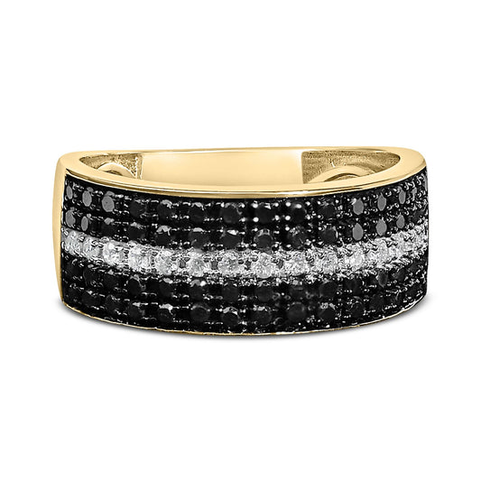 Close-up front angle of a yellow band ring set with prong-set round black gemstones in multiple rows and a central stripe of prong-set round white gemstones.