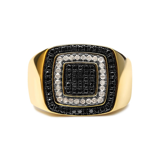 Front-facing shot of a yellow ring featuring concentric square patterns of black and white round gemstones in prong settings.