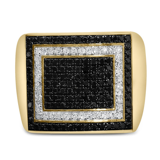 Close-up front view of a yellow metal ring featuring square-shaped black gemstones bordered by white gemstones in concentric rectangles.
