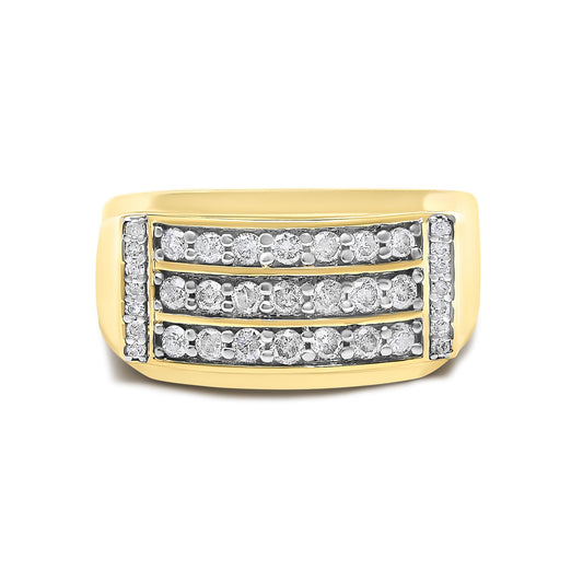 Close-up front view of a yellow metal ring with rows of round white gemstones set in prong settings.