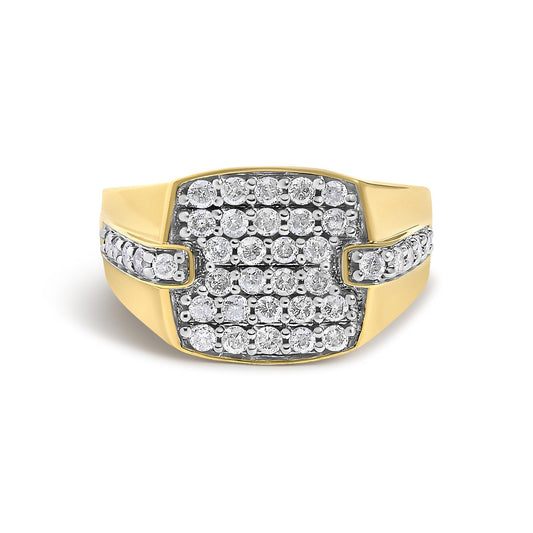 Close-up front view of a yellow metal ring set with multiple round white gemstones in prong settings across the top and sides.