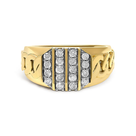 Close-up front view of a yellow metal ring with three vertical rows of round white gemstones in prong settings on the top center, shown on a white background.