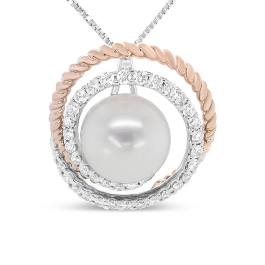 Close-up front view of a necklace pendant featuring a central round white gemstone surrounded by intertwined circular bands in white and rose metal, with white pave-set round gemstones along the white metal bands.