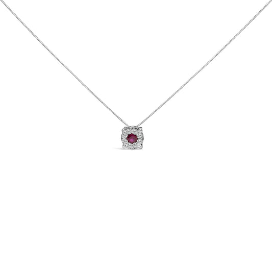White necklace with a square pendant featuring a round red gemstone in the center surrounded by round white gemstones, shown in a front-facing angle on a white background.