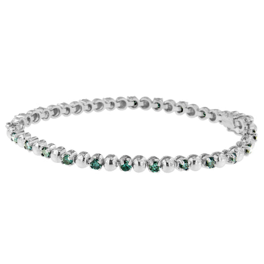 Close-up side angle of a white metal bracelet featuring blue round gemstones set in prong settings.