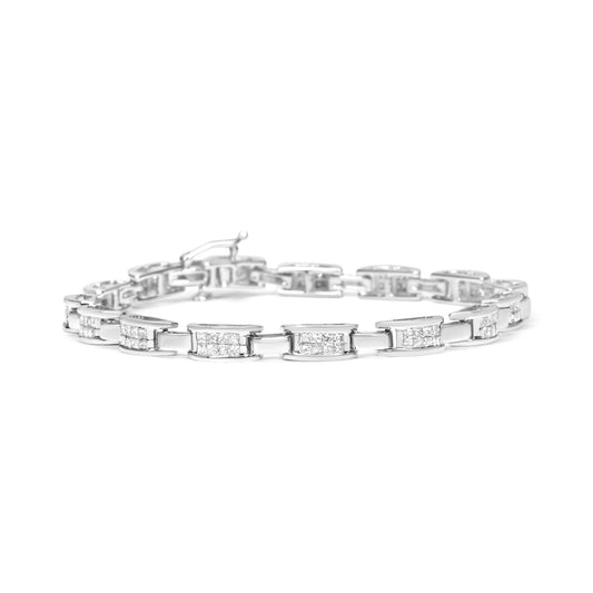 White metal bracelet with princess shaped white gemstones in invisible setting, shown from a front angle on a white background.
