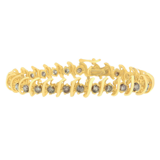 Yellow bracelet with round brown gemstones in prong settings, shown from a slightly elevated side angle.