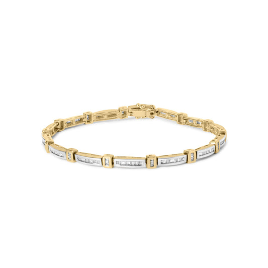 Yellow metal bracelet with rectangular links featuring channel-set white baguette gemstones, shown from the front angle on a white background.