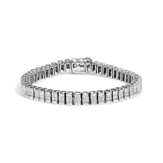 White metal bracelet with multiple square-shaped sections, each set with four small white gemstones in an invisible setting, shown in a flat lay on a white background from a slightly elevated front angle.