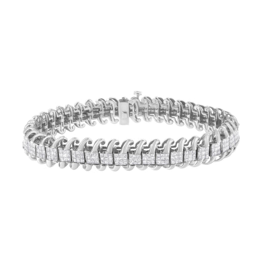 White metal bracelet with invisible-set princess shape white gemstones, shown from a front angle.