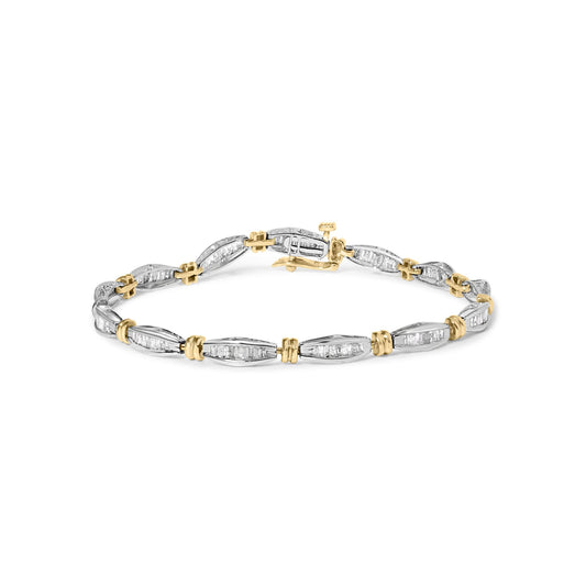Close-up front angle of a yellow and white metal bracelet featuring alternating elongated links with white baguette-shaped gemstones in channel settings.
