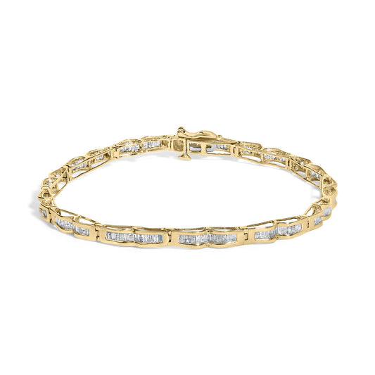 Close-up front angle of a yellow bracelet with baguette-shaped white gemstones in a channel setting shown on a white background.
